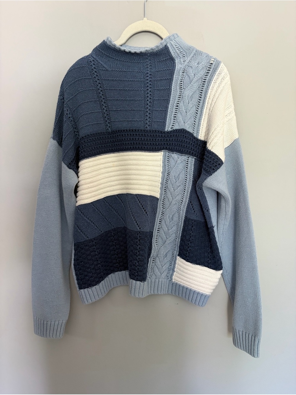 CHAPS Patchwork Sweater Women's Size L Mock Neck Blue Coastal Mixed Cable Knit
